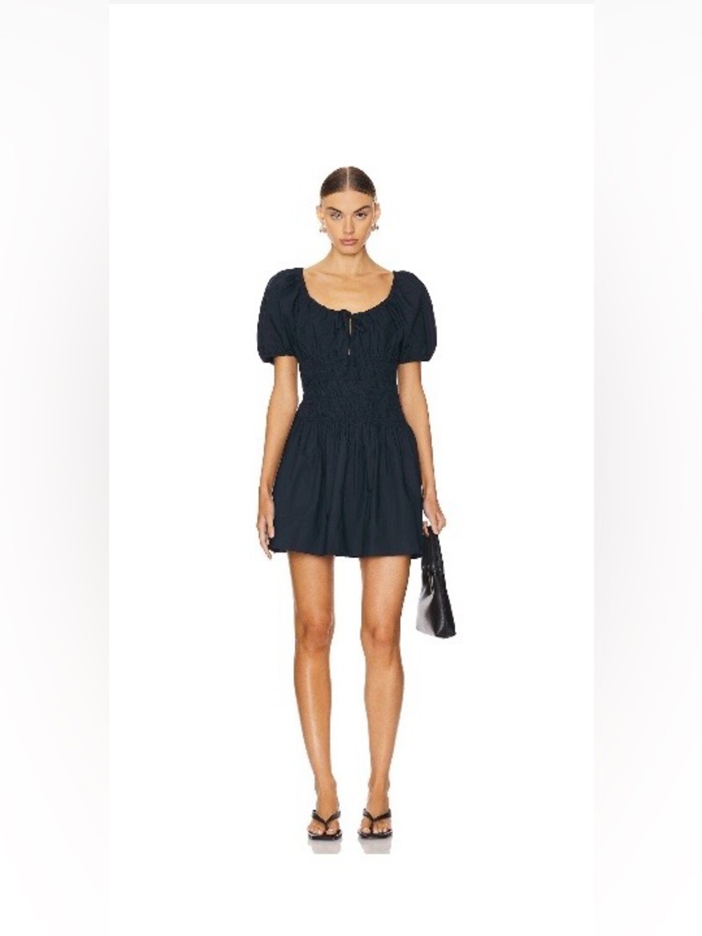 Faithfull the Brand Navy Puff-Sleeve Smocked Mini Dress